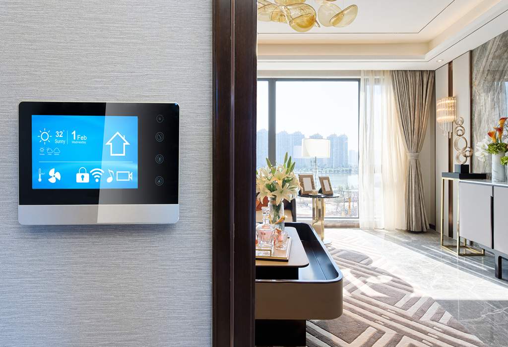 Picture of a Smart Home Hub positioned on the wall of an apartment  with a view